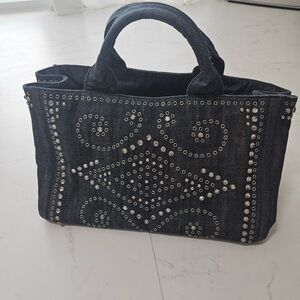 Pre-owned:PRADA- Canapa- Studded indigo Denim Tote Bag